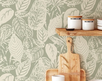 Botanical Leaf Peel and Stick Wallpaper – Removable Tropical Wall Decal for Bathroom