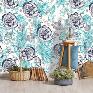 Elegant Botanical Blue Leaf & Rose Peel and Stick Wallpaper - Removable Wallpaper Floral for Bedroom and Bathroom | Customizable Vinyl Decor