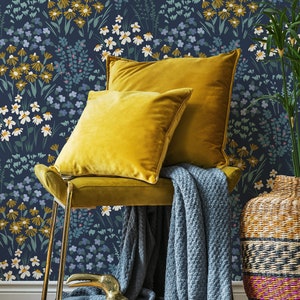 Navy Blue Botanical Wallpaper, Dark Floral Wallpaper with Small Flowers, Night Meadow Flowers Wall Mural, Self Adhesive Room Decor