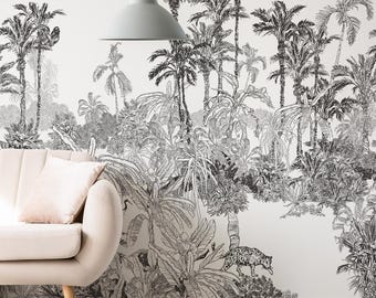 Removable Tropical Wallpaper Black White Palm Tree Jungle Mural Whimsical Nature Wall Art