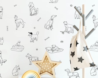 Puppy Line Art Wallpaper Scandinavian Dog Nursery Decor Kids Room Mural