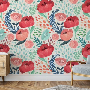 Poppy Watercolour Flower Wallpaper, Peel and Stick Floral Wallpaper ...