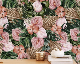 Pink Floral Peel and Stick Wallpaper Tropical Botanical Wall Mural