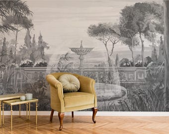 Vintage Garden Mural Wallpaper | Black White Landscape | Classical Scenic | Self Adhesive Wallpaper | Removable Wall Mural