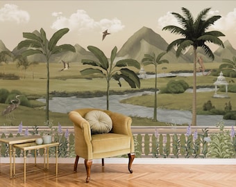 Tropical Landscape Wall Mural Wallpaper, Vintage Botanical Palm Tree Scenic Wallpaper, Hand Painted Nature Wall Art, Jungle Room Decor