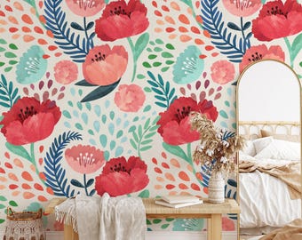 May include: Wallpaper featuring a repeating pattern of watercolor-style red and pink flowers, dark blue fern-like leaves, and small teal and orange teardrop shapes on a cream background. The design covers the wall behind a wooden bench and mirror.