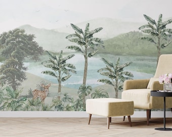 Tropical Mountain Lake Mural Wallpaper | Banana Leaf Palm Nature Scene (Self Adhesive)