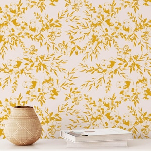 Living Room Floral Wallpaper, Luxury Yellow Flowers Chinoiserie Wallpaper, Peel and Stick Removable Wallpaper, Home Decor Vinyl Wallpaper