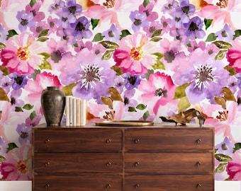 Violet Botanical Watercolor Floral Wallpaper Lilac Lavender Peel and Stick Room Wallpaper