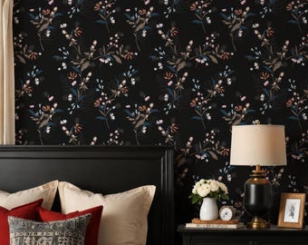 Dark Floral Wallpaper Moody Botanical Peel and Stick Wall Mural Removable