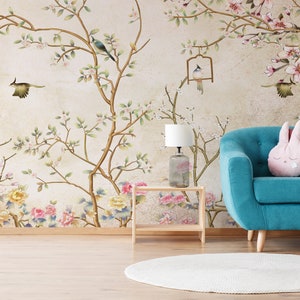 Modern Chinoiserie Bird Wallpaper, Vintage & Botanical Peel and Stick, Removable Boho Wall Art for Nursery, Pink Floral and Nature Decor