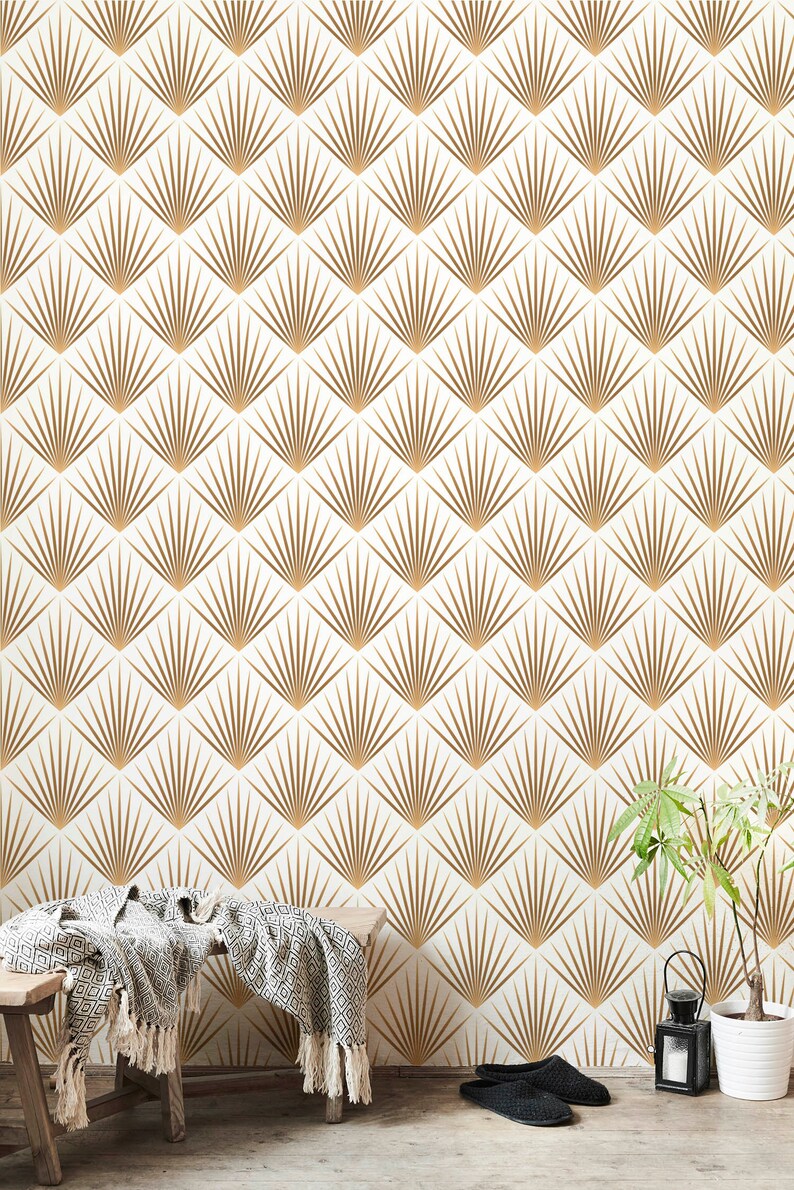 Geometric Wallpaper Living Room Poster Golden Leaf Decor Etsy