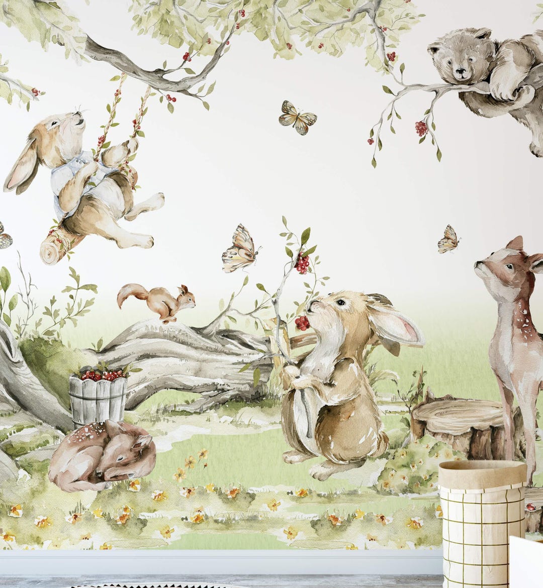 Watercolor Animals Safari Jungle Wallpaper Peel and Stick Forest Art ...