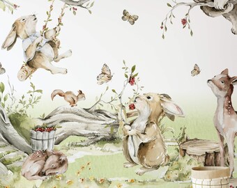Watercolor Animals Safari Jungle Wallpaper Peel and Stick Forest Art Deco Kids Room Decor