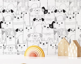 Black White Cartoon Dog Peel Stick Wallpaper, Removable Animal Print Wall Mural
