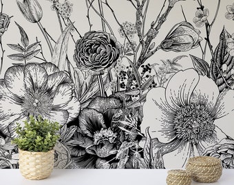 Black And White Hand Draw Garden Plants Wallpaper, Self-Adhesive Washable Wallpaper, Peel and Stick Wildflower Wallpaper, B077