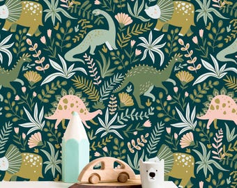 Dinosaur Botanical Wallpaper | Green Floral Peel and Stick Nursery Decor