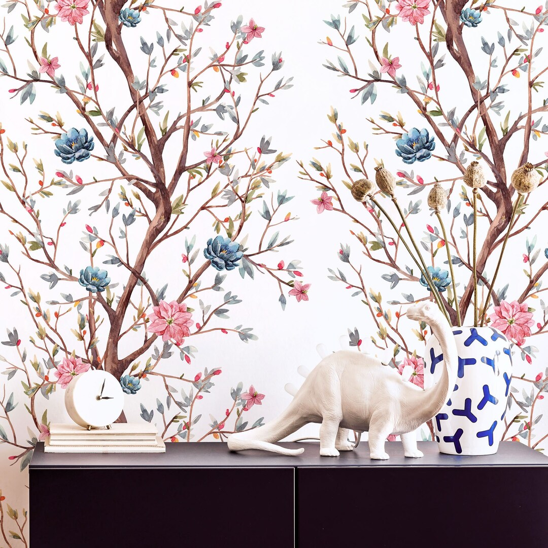 Vintage Botanical Bird Wallpaper | Pink & Blue Floral Removable ...