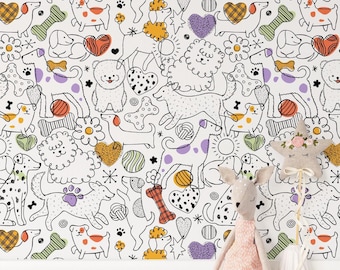Dog and Cat Doodle Wallpaper Kids Room Decor Peel and Stick