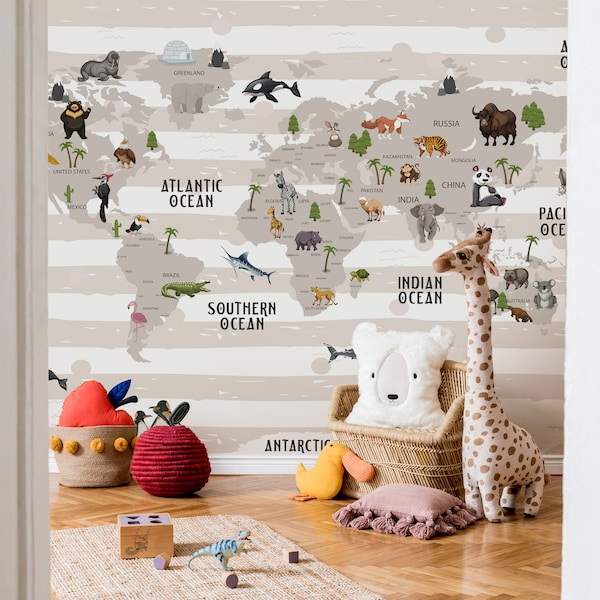 Kids Watercolor Map Wallpaper Educational Map Wall Mural | Kids Travel-Themed Removable Wallpaper For Nursery, Playroom, Studyroom - Vinyl