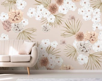 Floral Wall Mural – Soft Pink White Flowers, Palm Leaves Nature Wallpaper (Peel and Stick)