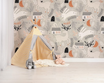 Whimsical Animals Houses Wallpaper Neutral Nursery Decor Self Adhesive Vinyl