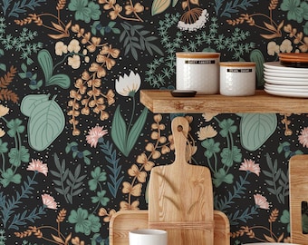 Peel and Stick Removable Floral Wallpaper, Cute Wildflowers & Herbs Seamless Pattern Wall Art for Kitchen Decor, Nature Botanical Wall Mural