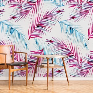 Pink & Blue Palm Paradise Peel And Stick Tropical Wallpaper | Botanical Botanique Jungle Removable Wallpaper for Bedroom - Landscape Decor