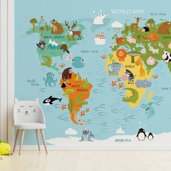 Colorful Cute Animal World Map Mural for Kids Room with Adorable Travel-Themed Peel and Stick Removable Wallpaper for Nursery Toddler Decor