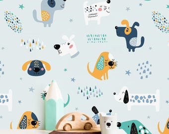 Cartoon Dog Wallpaper, Playroom Nursery Mural, Removable Wall Art