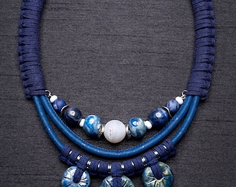 Layering rope bead necklace, chunky bead and leather cord statement necklace