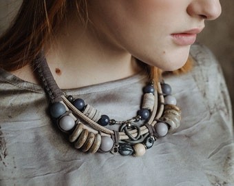 Boho Statement Rope Necklace, Trybal Chunky Cord and Bead Necklace