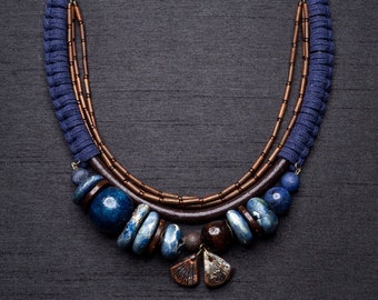 Statement bead multilayer necklace, ceramic bead, leather cord necklace