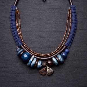 Multistrand Blue Ceramic Bead Cotton Cord Necklace 58cm Long