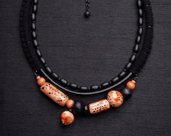 Layering bead statement necklace, short artisan leather cord and ceramic bead choker necklace