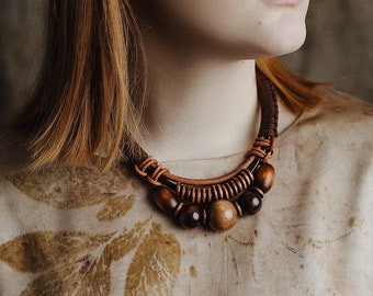 Boho chunky bead necklace, layering leather cord and wood bead bib statement necklace, bohemian women gift
