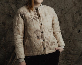 Eco-Printed Linen Bomber Jacket, Naturally Plant Dyed And Hand Quilted Linen Blazer