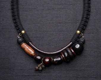 Ceramic and wooden beads boho necklace, leather cord necklace with beads