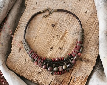 Short Tribal Bib Necklace, Leather Cord Braided Necklace With Beads