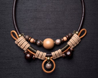 Boho leather, bead necklace, leather cord, rope necklace with beads