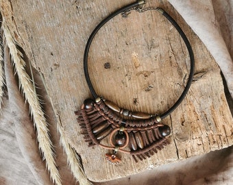 Tribal rope macrame necklace, boho leather cord chunky bib necklace