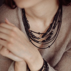 Layered boho bead necklace, multiple leather and bead string necklace, multi string bohemian bead jewelry image 2