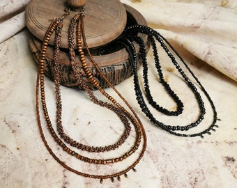 Multilayer boho bead necklace, minimalist seed bead multistrand necklace set