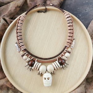 Tribal Bone Bead Necklace, Handmade Leather Cord Chunky Skull Necklace