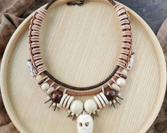 Tribal Bone Bead Necklace, Handmade Leather Cord Chunky Skull Necklace