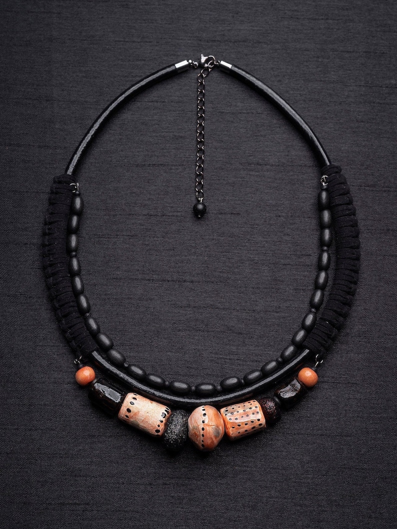 Ceramic and wooden beads multi-layer necklace