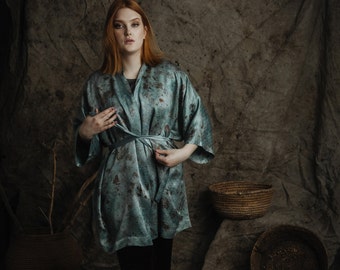 Seide Kimono Robe, Ecoprint Midi Soft Seide Bademantel, reine Seide Botanische Färbung Boho Lounge Wear