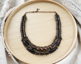 Tribal Wood Bead Necklace, Wide Ethnic Choker