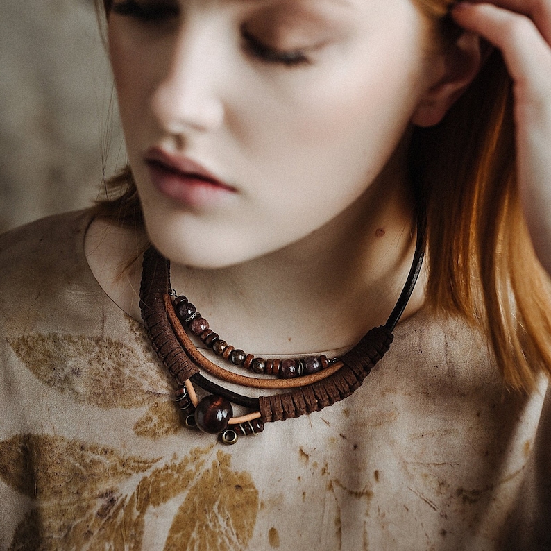 Short Boho Bib Necklace Leather Cord Braided Necklace With Etsy