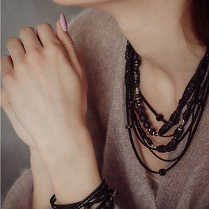 Layered boho bead necklace, multiple leather and bead string necklace, multi string bohemian bead jewelry image 6